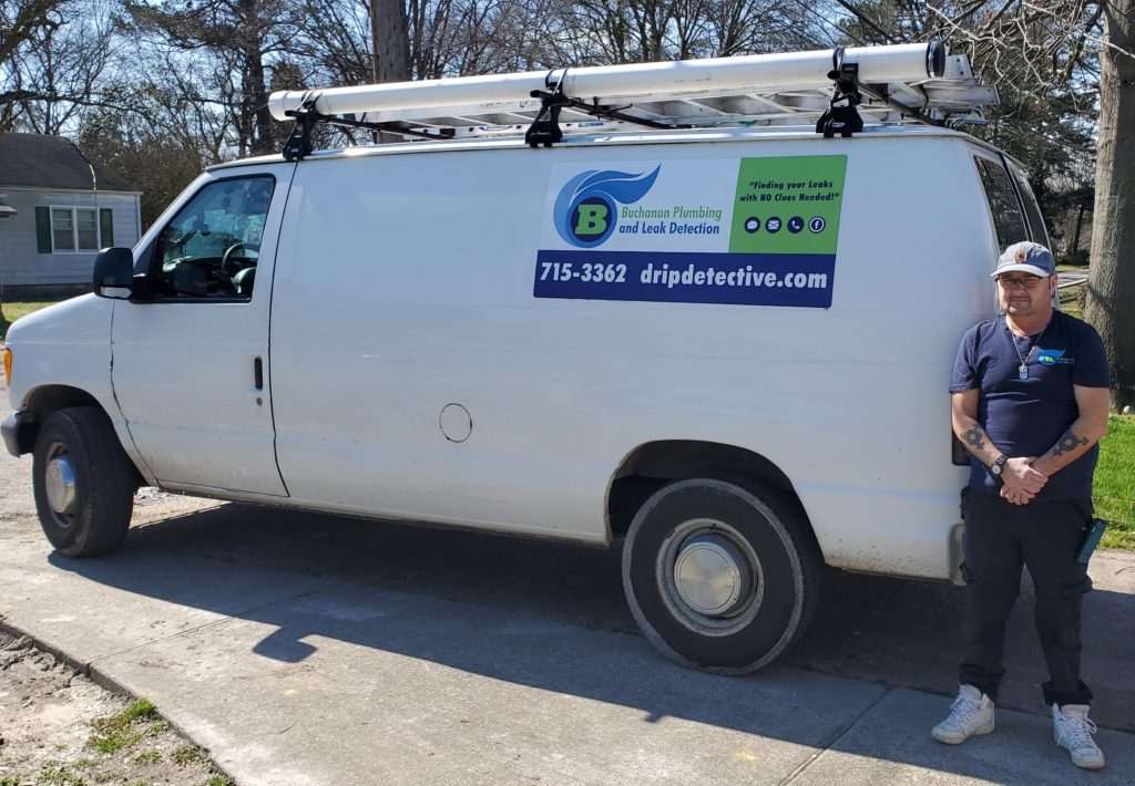Best plumber in Newport News, VA, across the peninsula and Hampton Roads area! Image shows Master Plumber BJ Buchanan standing next to white service van bearing logo and company information.