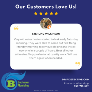 Square Customer Review feature, with review from Sterling Wilkerson, stating, "Very old water heater started to leak early Saturday morning. They were able to come out first thing Monday morning to remove old one and install new one in a couple of hours. Beat all other estimates. Very professional, quality work. Will use them again when needed."