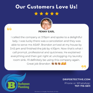 Customer review, featuring feedback from Penny Earl, stating, "I called the company at 3:15pm and spoke to a delightful lady. I was lucky there was a cancelation and they was able to serve me ASAP. Brandon arrived at my house by 3:45 pm and finished the job by 4:10pm. Now that